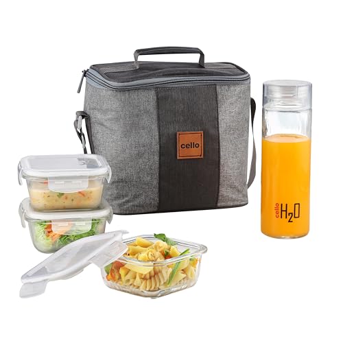 CELLO Glassy Square Lunch Box with Jacket for Office, Transparent | 3 x 320ml Containers & 1 x 500ml Glass Bottle, Microwave Safe Leadfree Toughened Glass, Airtight Leakproof Tiffin Box for Daily Use
