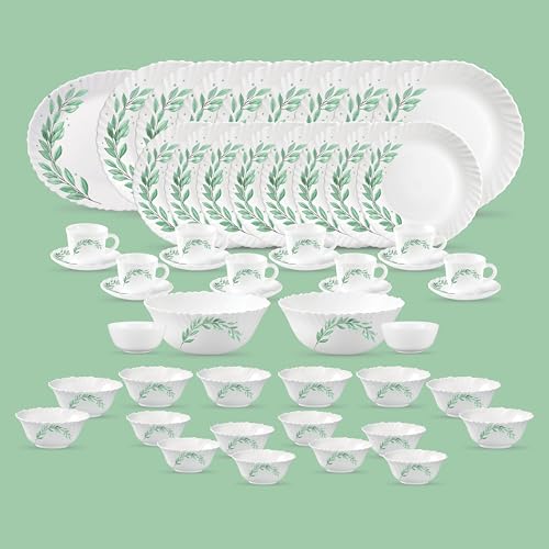 La Opala Diva Classique Collection Opal Glass Crockery | for Family of 8 | Dinner Set 53 pcs Olive Trails | Plates, Bowls & Cups for Dining | Microwave Safe | 100% Vegetarian | Extra Strong | White