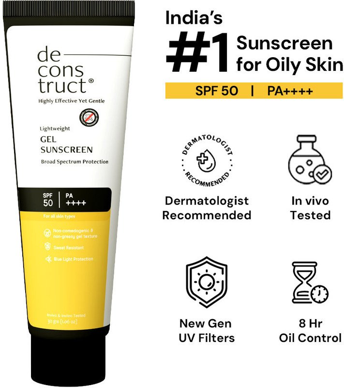 deconstruct Sunscreen – SPF 50 PA++++ Lightweight Gel Sunscreen | In-Vivo Tested | Non Greasy | For Men & Women(30 g)