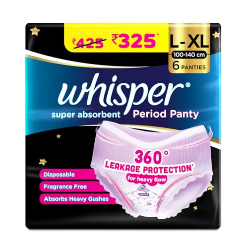 Whisper Super Absorbent Period Panty, 6 L-XL Pants, 360 Degree Leakage Protection* for Heavy Flow, Panty like Fit, Full back Coverage, Absorbs Heavy Gushes, Silky Soft, Comfortable Feel
