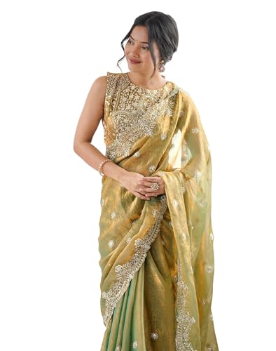 Satrani Women’s Shimmer Chiffon Dual Tone Scalloped Border Sequins Embroidery Saree with Unstitched Blouse Piece (4856S152N_Mustard)