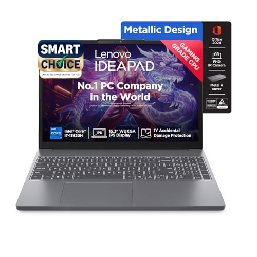 Lenovo Smartchoice Ideapad Slim 3, 13th Gen Intel Core i7 13620H, 16GB RAM, 512GB SSD, WUXGA IPS, 15.3″/38.8cm, Win 11, Office 2024, Top Metal Cover Grey, 1.6Kg, 83K100CJIN/S1IN, Backlit KB, Laptop