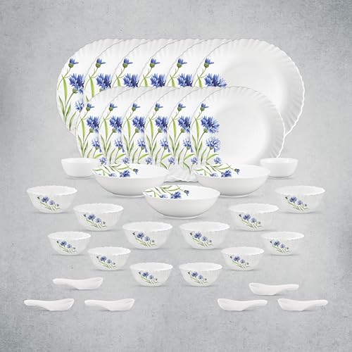 La Opala Opal Glass Crockery | for Family of 6 | Dinner Set 35 pcs Floral Fountain | Plates & Bowls for Dining | Microwave Safe | 100% Vegetarian | Extra Strong | Extra Light & White