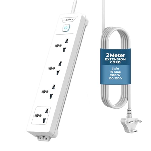 EMBOX 1500W Extension Board with Switches | 4 Universal Sockets Master Switch | 6 amp Spike Guard, LED Indicator| 2 Meter Extension Cord