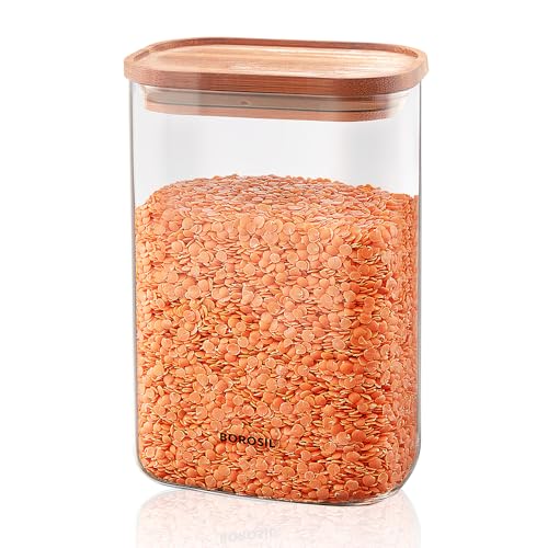 Borosil 1.3L Storage Jar Set with Bamboo Lid | Made in India Borosilicate Glass Dishwasher Safe Container for Kitchen | Multipurpose Kitchen Organizer for Cookie & Dals