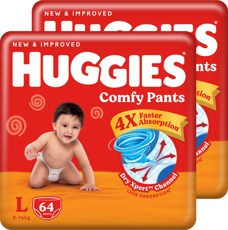 Huggies Comfy Baby Diaper Pants, Upto 50% Faster Absorption (64 X 2) – L(128 Pieces)