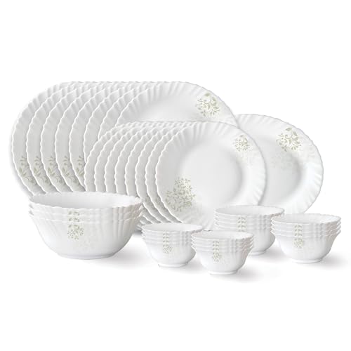 Larah by Borosil Ingot Fluted Series Opalware Dinner Set | 36 Pieces for Family of 8 | Microwave & Dishwasher Safe | Bone-Ash Free | Crockery Set for Dining & Gifting | Plates & Bowls | White