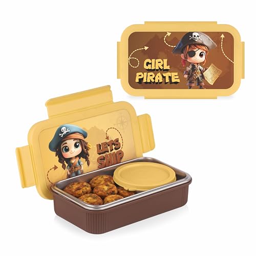 ATTRO Treat Time Stainless Steel Insulated Lunch Box with Inner Steel Body, Airtight 4-Side Lock Lid, Leakproof Silicone Seal, Small Container-560ml+150ml-Pirate Quest Yellow