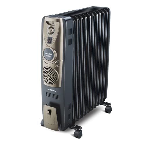 Bajaj Majesty RH 11F Plus Oil Filled Radiator Room Heater with Fan (Black/Golden) – 2500 Watts