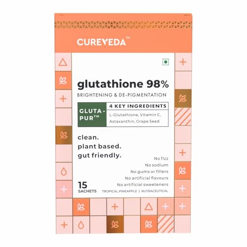 Cureveda Glutathione 98% + pur™ | High Absorption Powder for Skin Brightening, Anti-Aging & Detox | Naturally Fermented L-Glutathione with Vitamin C, Grape Seed extract & Astaxanthin| 15 Sachets (Pineapple Flavor)