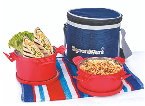 SignoraWare 500ml+350ml Smart Microwave Safe Twin Executive Small Stainless Steel Lunch Box with Bag, Food Grade BPA Free Conatiners, Air Tight and Sleek Leak-Proof Lid Tiffin Boxes (Set 2 Red)