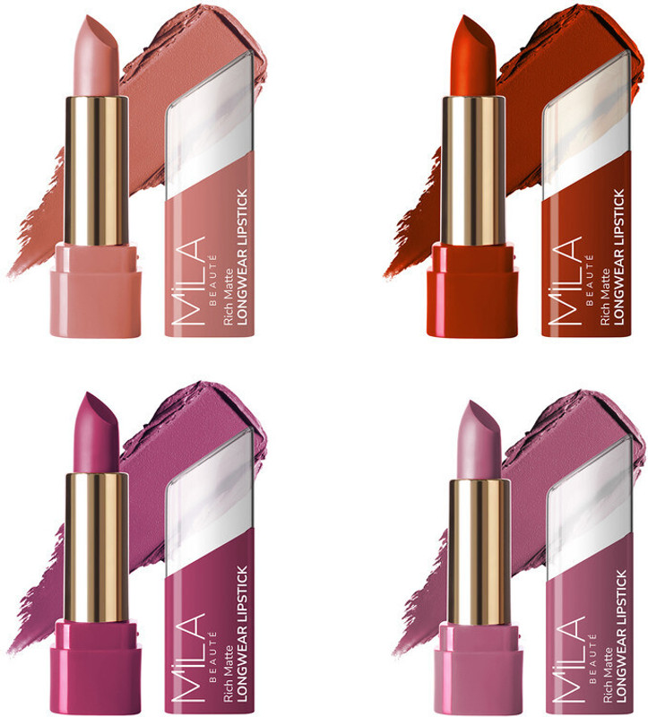 MILA BEAUTÉ Matte Longwear Lipstick Combo For Woman|Up To 8 Hrs Stay|Enriched With Vitamin E(Touch Of Nude, Birkin Brown, Indian Rose, Petal, 16.8 g)