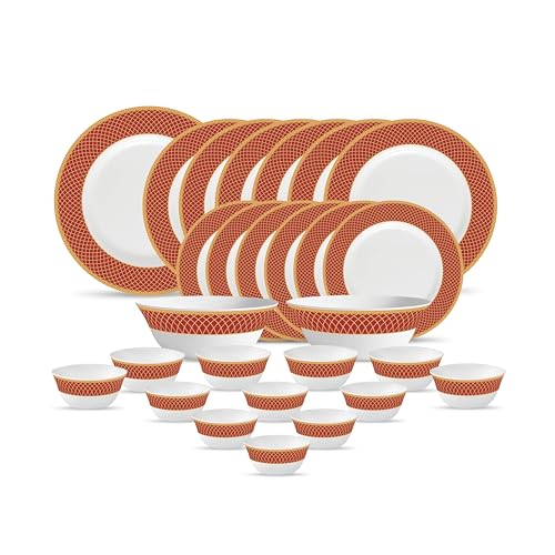 La Opala Diva Sovrana Collection Opal Glass Crockery | for Family of 6 | Dinner Set 27 pcs Regent Red | Plates & Bowls for Dining | Microwave Safe | 100% Vegetarian | Extra Strong | Light & White