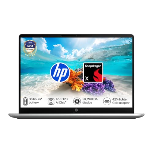HP Omnibook 3, Snapdragon X Processor, 45 TOPS (16GB LPDDR5x, 512GB SSD) 2K, WUXGA, IPS, 14”/35.6cm, Win 11, Office 24, Silver, 1.4kg, hz0026QU, FHD IR Camera, 42% Lighter mini GaN Charger, AI Laptop