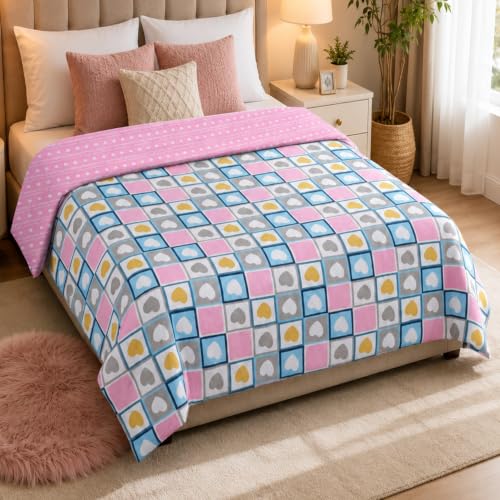BENAVJI Double Bed Comforter 220×240 cm | Reversible Soft Microfiber AC Comforter | All Season Quilt Blanket | Pink Heart Check