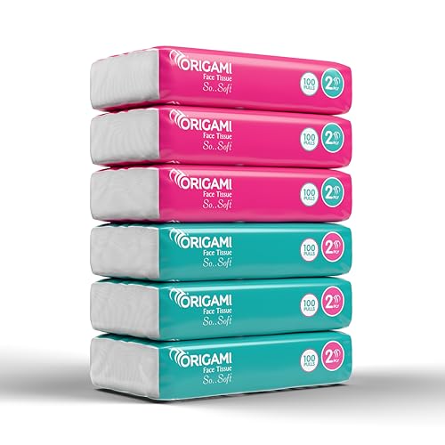 Origami So Soft 2 Ply Facial Tissue Pack | Ultra Soft, Skin Friendly & Highly Absorbent Face Tissues | Multipurpose Car, Home & Office Use | Pack of 6 (100 Pulls Per Pouch, 600 Sheets)