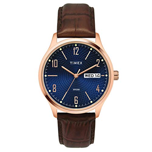 TIMEX Classics Analog Watch for Man with Blue Round Dial & Brown Leather Strap Band Water Resistant Men’s Wrist Watches – TW0TG6515