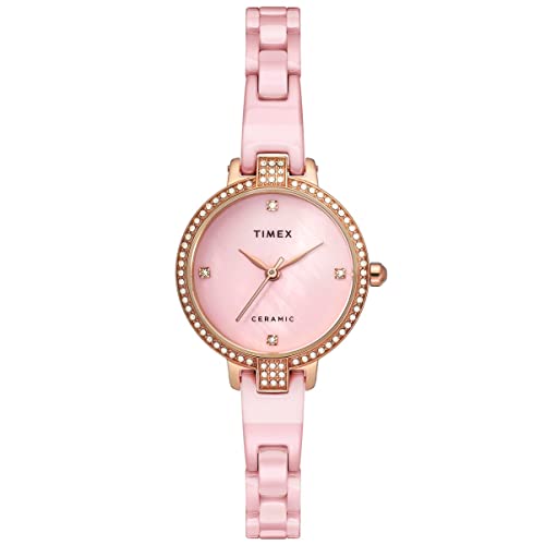 TIMEX Analog Watch for Women with Mother of Pearl Pink Round Dial & Pink Ceramic Bracelet Band Water Resistant Women’s Wrist Watches – TWEL15701