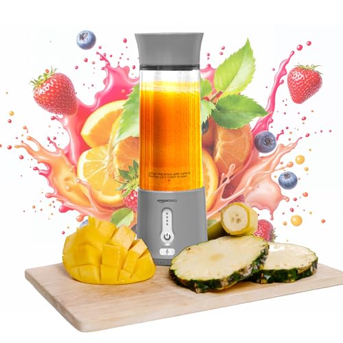 Amazon Basics Portable Hand Blender for Smoothies and Juices | USB Rechargeable | 6 Stainless Steel Blades | 500 ml Food Grade Jar | 1 year Warranty | 2×2000 mAh Batteries (Grey)
