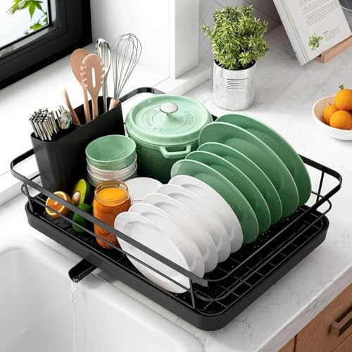 HomeWiz Dish Drying Rack | 3 in 1 Heavy-Duty Dish Drainer Basket with Drain Tray & Built-in Cutlery Holder | Utensils Drying Rack | Bartan Stand | Kitchen Countertop Organizer | Black