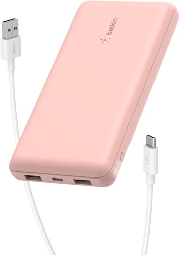 Belkin 10000 mAh Slim Power Bank with 1 USB-C and 2 USB-A Ports to Charge 3 Devices Simultaneously with up to 15W for iPhones, Android Phones, Smart Watches, Apple AirPods – Rose Gold