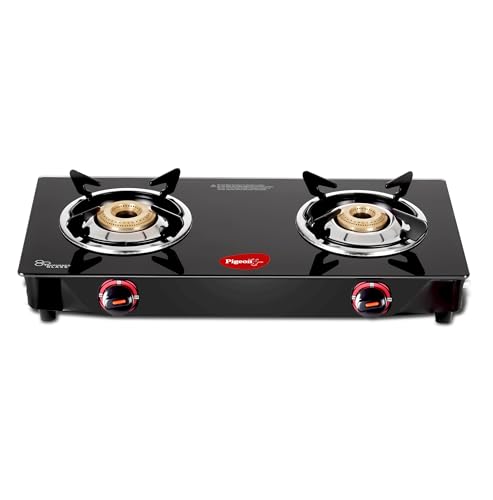 Pigeon Ignia 2 Burner Gas Stove | Brass Burner | Easy Cleaning | Toughened Glass | 2 year Warranty