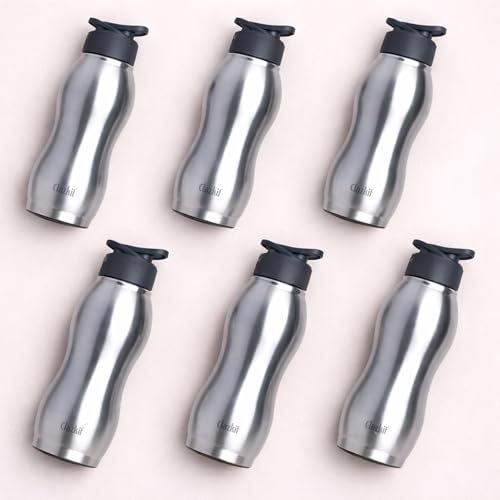 Clazkit Platina 750ml Sporty Stainless Steel Water Bottle Set of 6 |ISI Certified |Leakproof, Rust-Free, BPA-Free, Durable for College, Fridge, Sports, Gym, Yoga & Office – Easy to Clean & Reusable