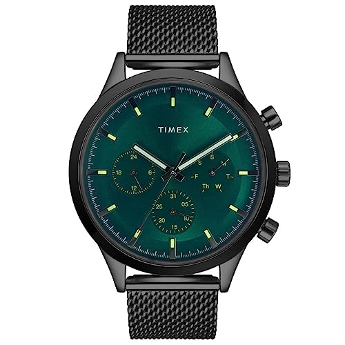 TIMEX Analog Watch for man with Green Round Dial & Black Stainless Steel Mesh Bracelet Band Water Resistant Men’s Wrist Watches – TWHG03SMU25