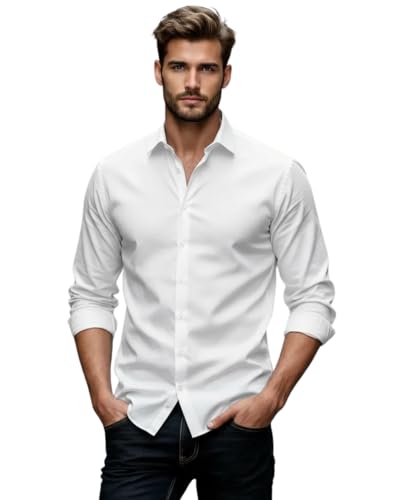 Glowic Men’s Plain Casual Shirt | Cotton Soft & Breathable Fabric | Full Sleeve Comfort Fit Stylish Solid Shirts for Office (in, Alpha, XL, Regular, White)
