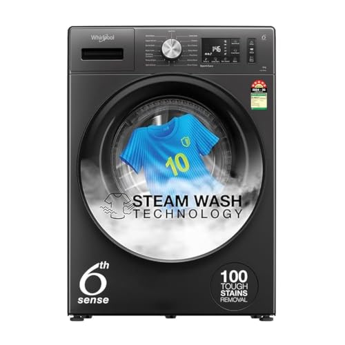 Whirlpool 8 Kg 5 Star Inverter Supreme Care Front Load Fully Automatic Washing Machine with In-Built Heater (XS8014BWME, MidNight Grey, Steam Technology, 100+ Tough Stains, 6th Sense Soft Move)