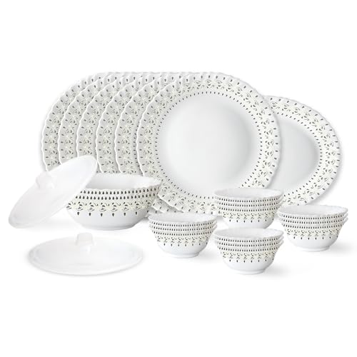 Larah by Borosil Ora Gold Fluted Series Opalware Dinner Set | 23 Pieces for Family of 6 | Microwave & Dishwasher Safe | Bone-Ash Free | Crockery Set for Dining & Gifting | Plates & Bowls | White