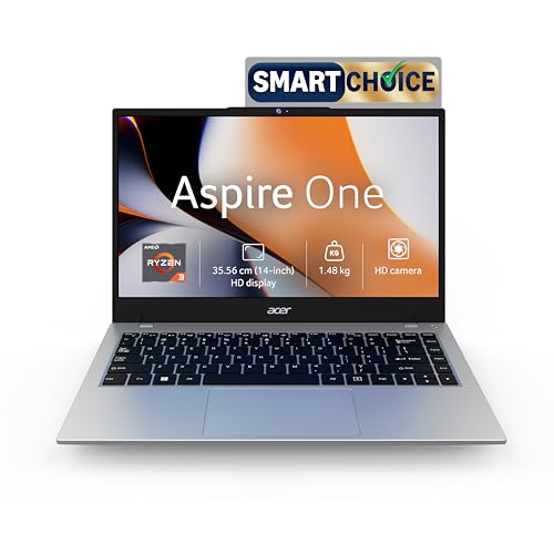 Acer Smartchoice Aspire One, AMD Ryzen 3-7320U, Office 2024 + M365 Basic, 8GB LPDDR5 RAM/ 256GB SSD, 14.0″/35.56cm TN HD Display, Win 11 Home, Pure Silver, 1.48KG, A114-43, Thin and Light Laptop