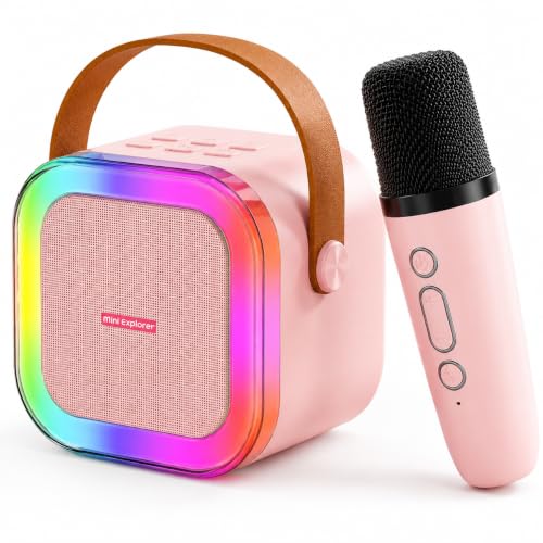 MiniExplorer Rechargeable Wireless Mini Portable Bluetooth Karaoke Machine | Bluetooth Speaker with Microphone & LED Lights – Kids Music Singing Toys for Girl Boy Birthday Gift Ideas
