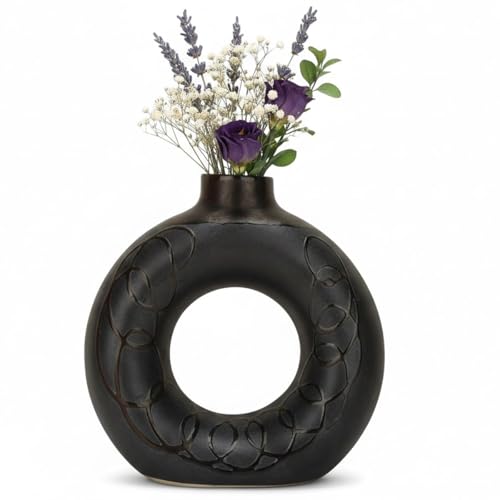 BENAVJI Black Ceramic Donut 6 Inch Modern Flower Vase for Pampas Grass, Dried Flowers, Home & Office Decor, Centerpiece, Handcrafted Gift Vase Only