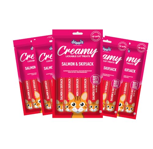 Drools Creamy Lickable Cat Treats (75g x 5 Pouches) Total 375g | Seafood Medley | Easy to Hand Feed | Enriched with Vitamins & Protein