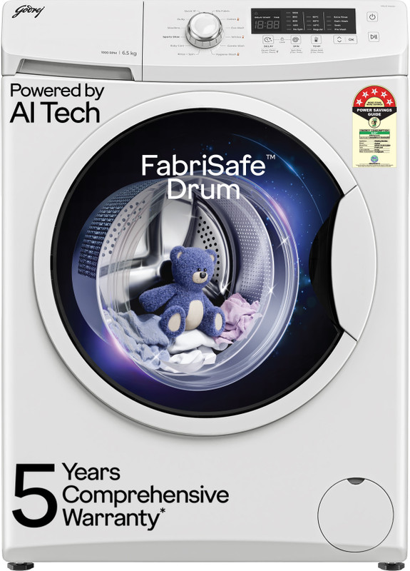 Godrej 6.5 kg AI Powered, FabriSafe Drum, Eco Wash Fully Automatic Front Load Washing Machine White(WFEON CRS 6510 5.0 FKEDM E GLWH)