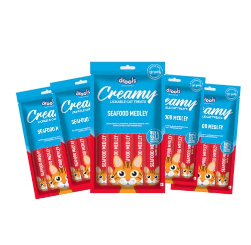 Drools Creamy Lickable Cat Treats (75g x 5 Pouches) Total 375g | Seafood Medley | Easy to Hand Feed | Enriched with Vitamins & Protein