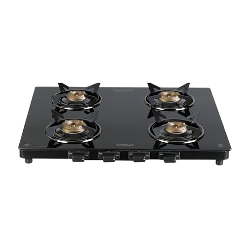 Havells GEOSLIM Gas stove |4 Heavy Duty Forged Brass Burner|6 mm Toughened Glass|Premium Valves|Removable Drip Tray|Soft Touch Knobs|5 year Warranty on Burners, Glass & Valves by Havells (Black)
