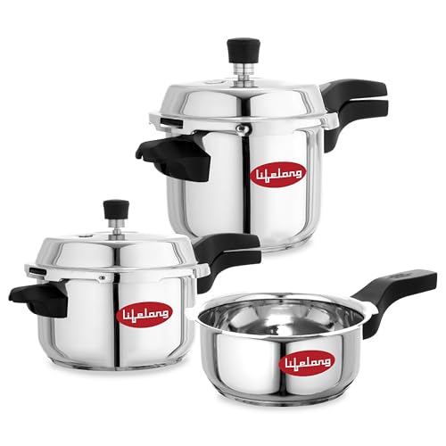 Lifelong Stainless Steel Pressure Cooker | Set of 3 | 2L, 3L & 5L | Induction & Gas Stove Compatible with Outer Lid, ISI Certified & Lock System |Safe & Durable Kitchen Essential with 5 Years Warranty