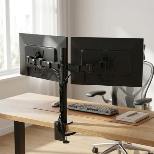 amazon basics Dual Monitor Stand – Height-Adjustable Arm Mount, Steel (Self Installation)