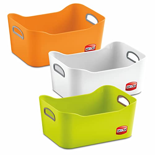 Nayasa Tri Colour Passion Basket | Set of 3 | Multi Purpose Storage Basket | Side Handles | Easy to Lift | Light Weighted | Ideal for Home, Kitchen, Bathroom, Office | Tri Color
