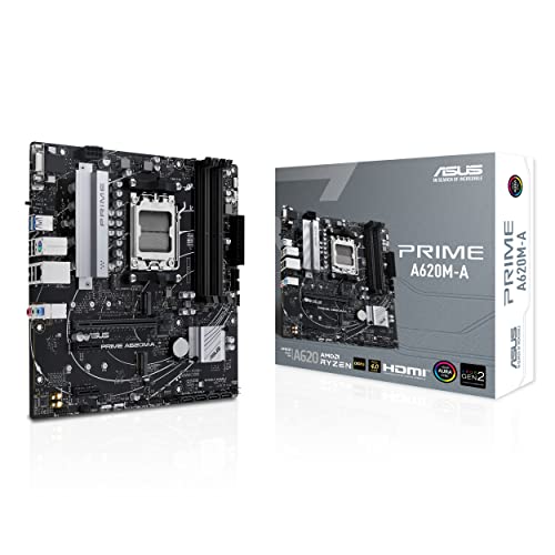 ASUS Prime A620 Micro-ATX Motherboard, DDR5, PCIe 4.0 Support, Dual M.2 Slots, DisplayPort/HDMI/VGA, USB 3.2 Gen 1 Ports, Front USB 3.2 Gen 1 Type-C, BIOS Flashback, Noise Cancelation, Aura Sync