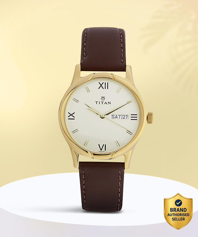 Titan NP15802490YL05 Titan Bandhan Champagne Dial Brown LeatherStrap Couple Analog Watch  – For Couple
