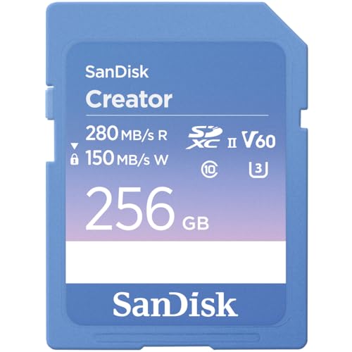 SanDisk Creator SD UHS-II Card 256GB, Read speeds up to 280MB/s, Write speeds up to 150MB/s, 4K UHD/6K Video, V60, 1 Month Adobe Creative Cloud Included