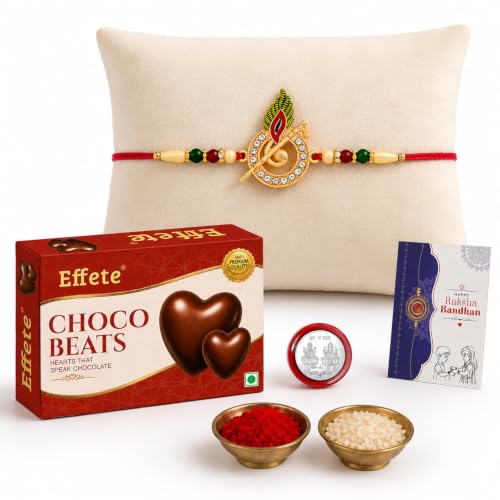 Oblivion Murli Flute Rakhi Set for Brother with Peacock Feather Detail, Heart Shaped Chocolate 32 g, Silver Colour Pooja Coin, Roli and Chawal and Greeting Card