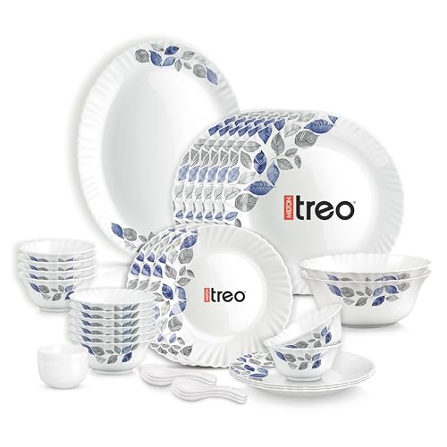 Treo by Milton Opalware Aurelia Lunis Dinner Set of 35 | Serving for 6 | Microwave & Dishwasher Safe | Bone-Ash Free | Tempered Toughness | Plates, Bowls, Spoons | Crockery Set for Dining & Gifting