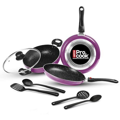 Milton Pro Cook Induction Cookware & Gas Stove Friendly Kitchen Jewel 7 Pc Non Stick Cookware Set | Fry Pan | Kadhai with Glass Lid | Dosa Tawa | Durable 5-Layer Non Stick Coating | Dark Purple