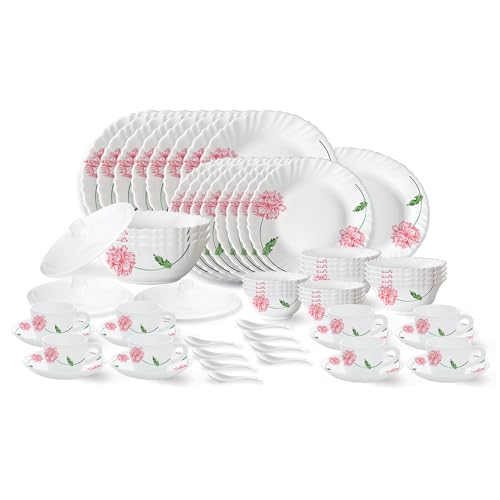 Larah by Borosil Red Mist Fluted Series Opalware Dinner Set | 63 Pieces for Family of 8 | Microwave & Dishwasher Safe | Bone-Ash Free | Crockery Set for Dining & Gifting | Plates & Bowls | White