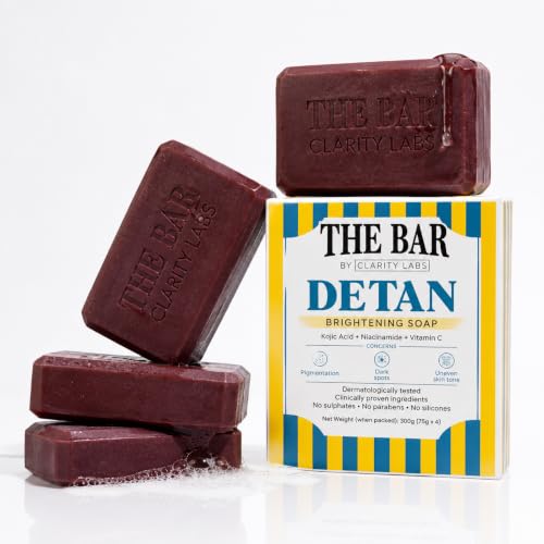 Clarity Labs Detan Kojic Acid Soap for Tan Removal, Pack of 4 x 75g, Kojic Dipalmitate with Niacinamide, Vitamin C, Detan Bathing Bar for Men And Women, Dark Spots, Pigmentation