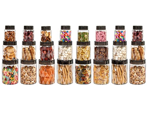 CELLO Diamond Pet Storage Container for Kitchen Set of 24 Pcs Black | 8x300ml, 8x650ml, 8x1200ml Freezer & Fridge Safe Stackable Airtight Kitchen Storage Container Jar Set for Candy Beans Flour Pastry